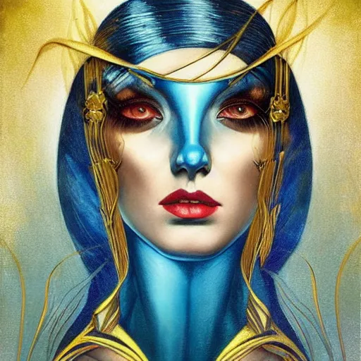 Image similar to a woman with blue and gold hair, an art deco painting by art of brom and karol bak and aurel bernath, featured on behance and cgsociety, fantasy art, gothic art, poster art, art deco, tarot card, pre - raphaelite