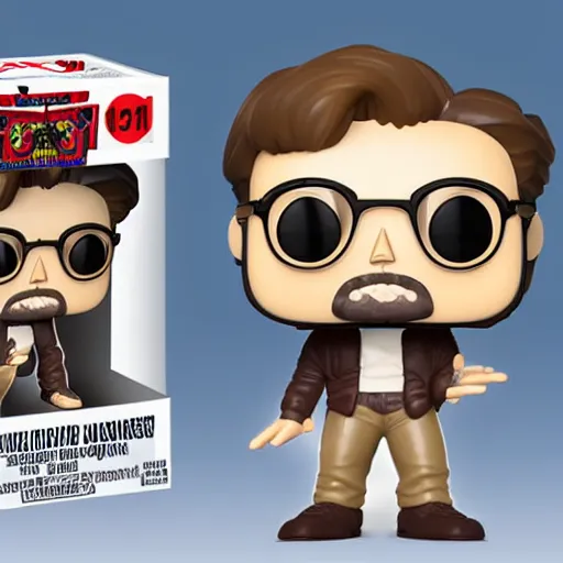 Prompt: a funko pop of german canadian young man with very long light brown hair, very short beard and white round glasses, in a funko pop box that says ultra