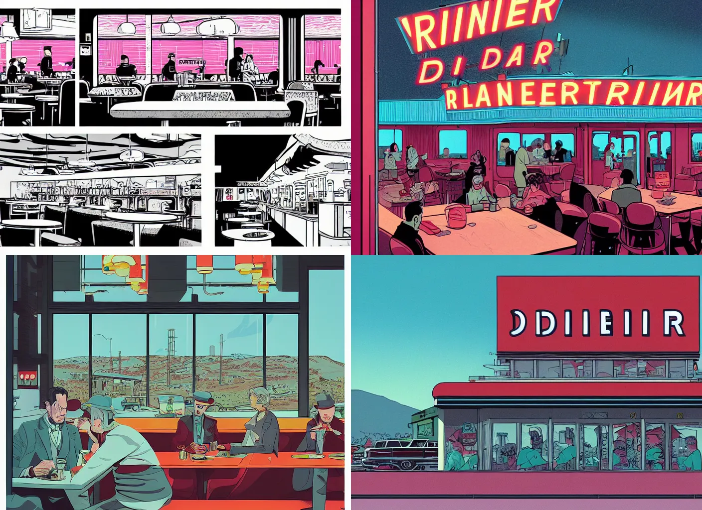 Prompt: Establishing shot of RR Diner from Twin Peaks comic artwork by Tomer Hanuka