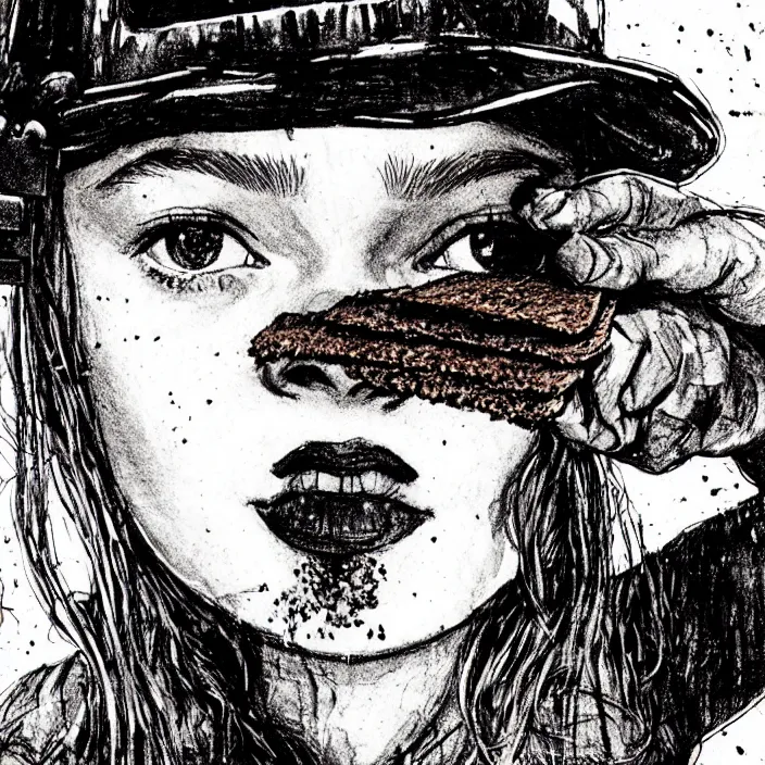 Image similar to extreme close - up on sadie sink as a miner : she lifts stale bread with her hand. background : black tiles on walls. black and white, pencil and ink. by gabriel hardman, joe alves, chris bonura. cinematic atmosphere, detailed and intricate, perfect anatomy