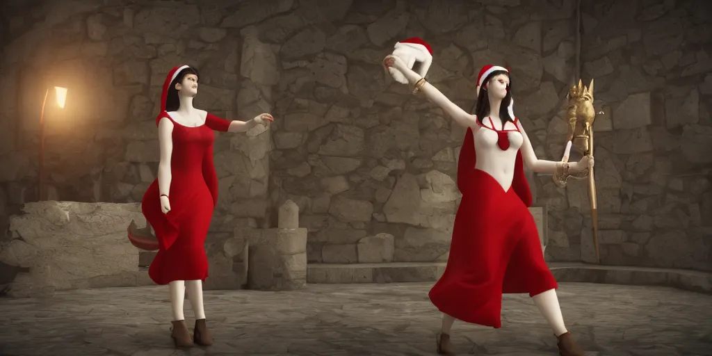 Image similar to greek moon goddess diana wearing a santa hat, digital art, unreal engine, 3 d render, cinematic lighting