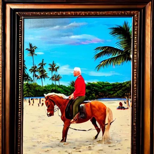 Prompt: Joe Biden riding a horse eating pizza on the beach in Hawaii at sunset, artistic oil painting