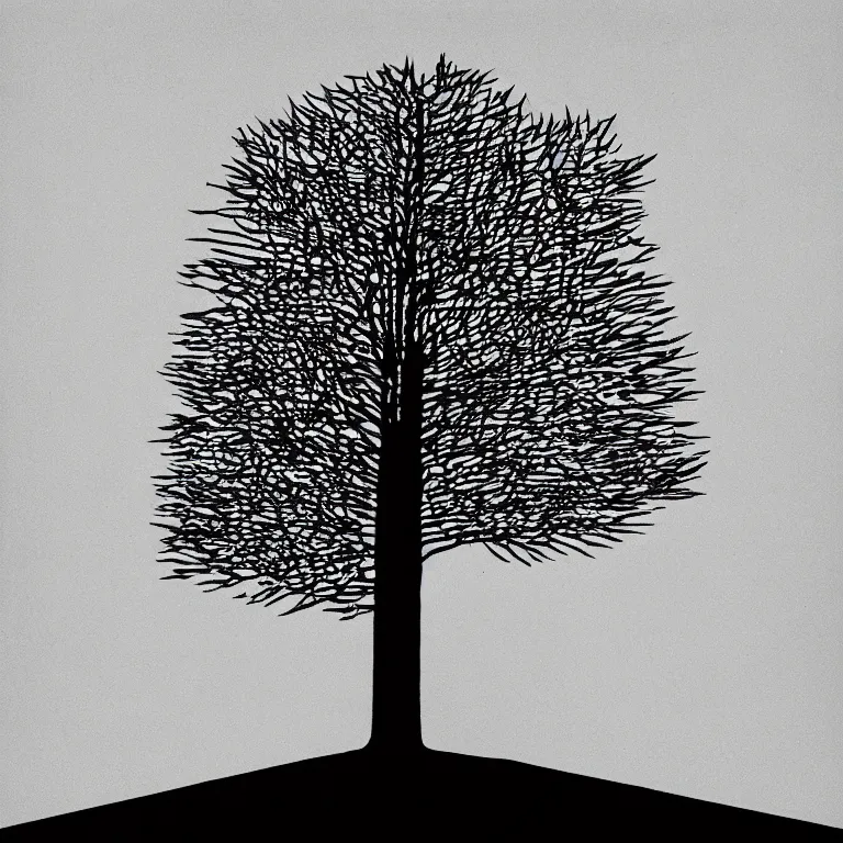 Prompt: a black and white photo of a tree, an album cover by storm thorgerson, featured on behance, generative art, cyanotype, woodcut, prerendered graphics