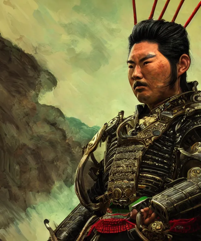 Prompt: an epic fantastic realism comic book style portrait painting of a japanese samurai, male with black hair and a green belt, apex legends, octane render, intricate detail, 4 k hd, unreal engine 5, ex machina, irobot