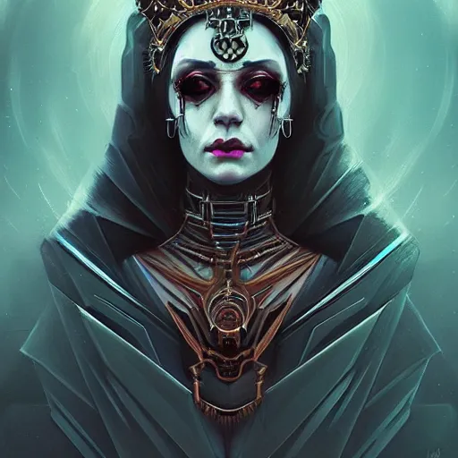 Prompt: queen of death. intricate portrait, occult cyberpunk, ancient futuristic, dark art, trending on artstation, occult. by Petros Afshar