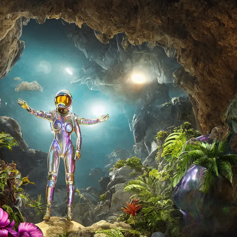 Image similar to octane render portrait by wayne barlow and carlo crivelli and glenn fabry, focus on a woman wearing a clear iridescent plastic spacesuit with intricate iridescent metal helmet, surrounded in colorful tropical alien flora in front of a giant rocky cave opening, cinema 4 d, ray traced lighting, very short depth of field, bokeh