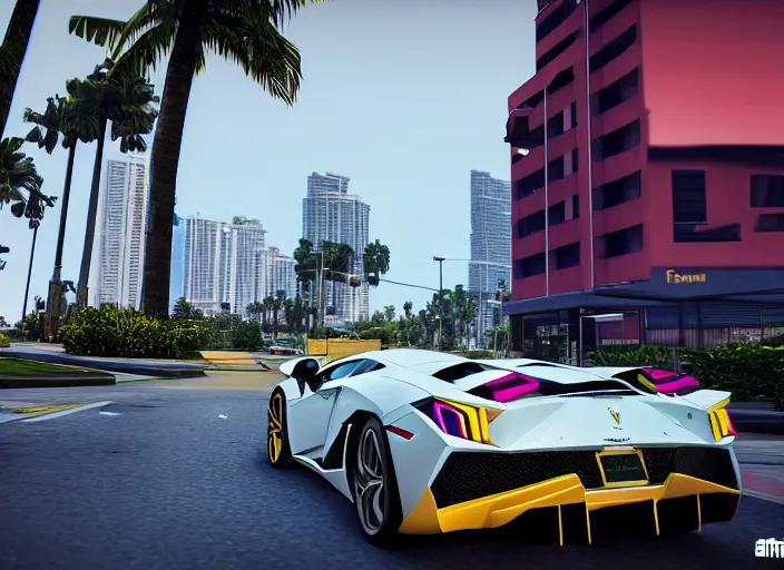 Image similar to still next - gen ps 5 game grand theft auto 6 2 0 2 4 remaster, graphics mods, rain, red sunset, people, rtx reflections, gta vi, miami, palms and miami buildings, photorealistic screenshot, unreal engine, 4 k, 5 0 mm bokeh, close - up lamborghini aventador, gta vice city remastered, artstation