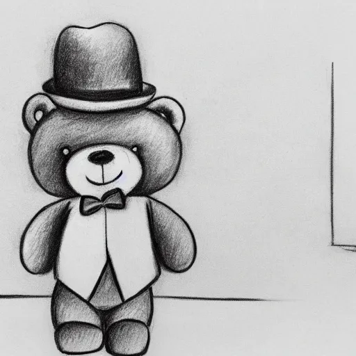 Image similar to suspicious teddy bear wearing a fedora, sneaking, looking around, in an alley, pencil sketch, black and white