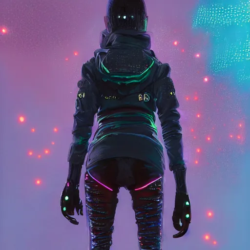 Image similar to detailed portrait of a skilled magic deepdream guardian girl cyberpunk futuristic, reflective puffer jacket, black leggings from the back radiating a glowing aura by ismail inceoglu dragan bibin hans thoma, perfect face, fine details, realistic shaded, fine - face, pretty face