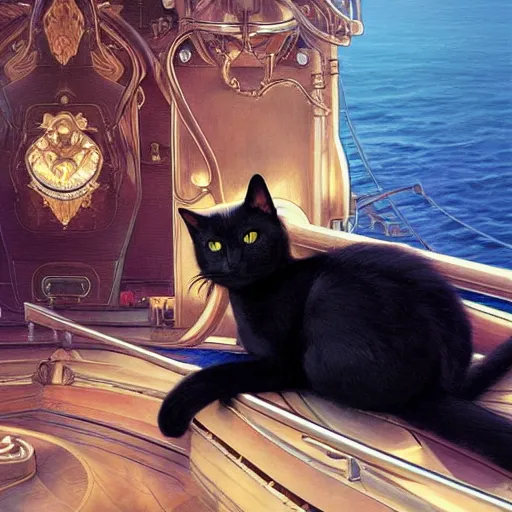 Prompt: beautiful black cat sitting on the deck of a fantasy ship, naval background, portrait, elegant, intricate, digital painting, artstation, concept art, smooth, sharp focus, illustration, art by artgerm and greg rutkowski and alphonse mucha