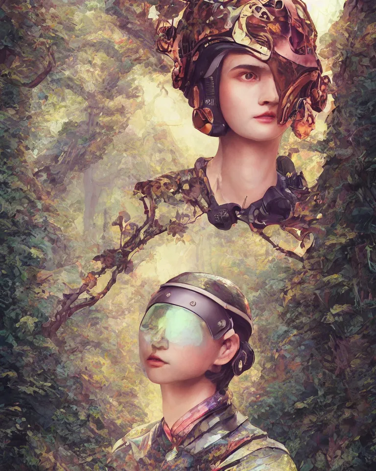 Image similar to highly detailed portrait of androgynous girl wearing bakelite leather jacket, bakelite rocky mountains, japanese haunted forest, by hsiao - ron cheng and artgerm, modular synthesizer helmet backpack, the grand budapest hotel, glow, no crop, digital art, artstation, pop art