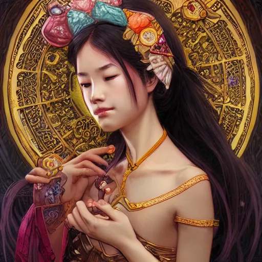 Image similar to portrait of Hello Kitty in ancient Java, D&D, MtG art,fantasy, intricate, elegant, highly detailed, digital painting, artstation, concept art, smooth, sharp focus, illustration, art by artgerm and greg rutkowski and alphonse mucha