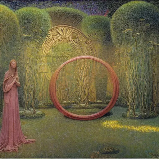 Image similar to a portal in a mysterious garden filled with spherical plants, artwork by jean delville, trending on art station