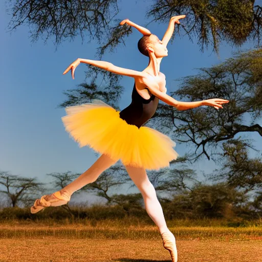 Image similar to professional photography of a giraffe ballet dancer in a tutu on the savannah