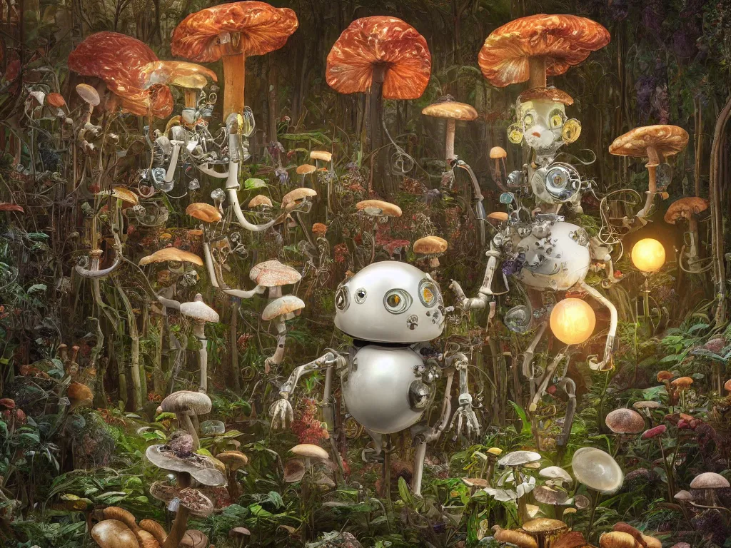 Image similar to victorian robot with mushrooms growing in a spheroid forest, 3d render, nightlight Study, by Jan Davidsz de Heem and Lisa Frank, Art Nouveau, 8k, extreme detail, sharp focus, octane render