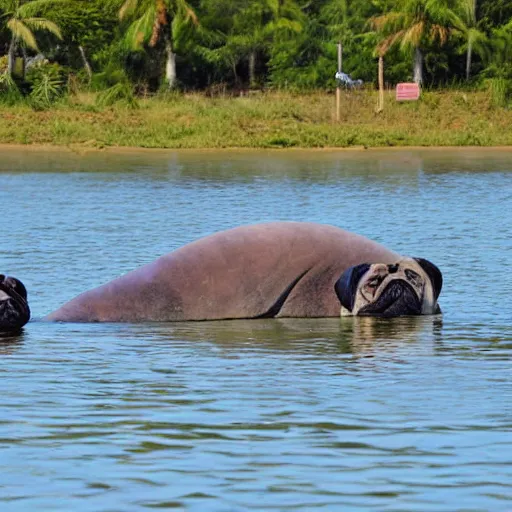 Image similar to a Manatee-Pug Hybrid, A Manatee that looks like a pug, huge tusks, afternoon hangout, good times photograph, candid