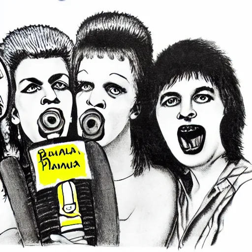 Prompt: 8 0 s punk rock band holding banana microphone, with banana costumed background singers, concert photo, getty images, pencil drawing