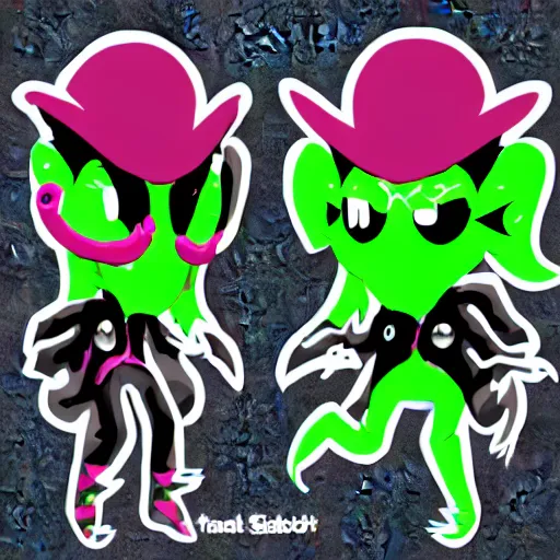 Image similar to character design sheets for a new sinister vampire squid character, artwork in the style of splatoon from nintendo, art by tim schafer from double fine studios, black light, neon, spray paint, punk outfit, tall thin frame, adult character, fully clothed, vampire, spray paint, colorful, jaw breaker color, neon pink, flecks of paint, pop art