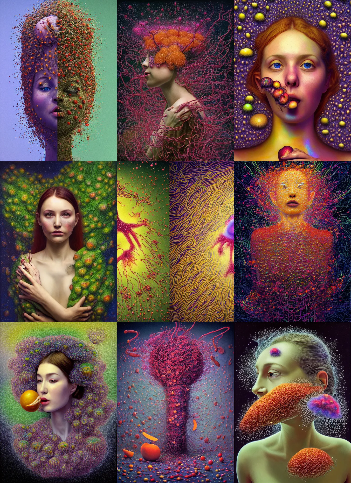 Image similar to hyper detailed 3d render like a Oil painting - Aurora (Singer) Eats of the Strangling Fruit and Her gossamer polyp blossoms bring iridescent fungal flowers whose spores black the foolish stars by Jacek Yerka, Mariusz Lewandowski, Houdini algorithmic generative render, Abstract brush strokes, Masterpiece, Edward Hopper and James Gilleard, Zdzislaw Beksinski, Mark Ryden, Wolfgang Lettl, hints of Yayoi Kasuma, octane render, 8k