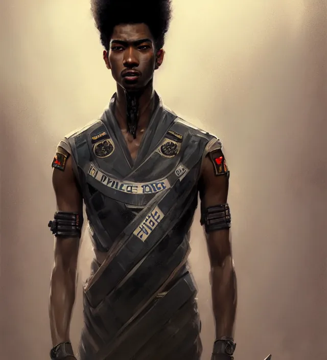 Image similar to portrait of a man by greg rutkowski, he is about 2 5 years old, mixture between afroamerican and japanese, afro hair, geisha tatoos, very tall and slender, he is wearing a futuristic police gear, highly detailed portrait, digital painting, artstation, concept art, smooth, sharp foccus illustration, artstation hq