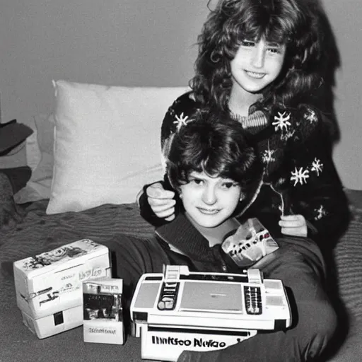 Image similar to christmas morning photo 1 9 8 6 of a typical 1 9 8 0 ’ s teenager after opening their new nintendo game system