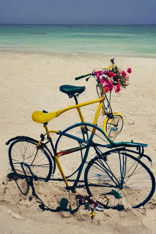 Prompt: a very very very pretty bike outside on the beach, In the style of John Baldessari.