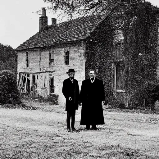 Prompt: a decaying georgian farmhouse. two thin men in black frock coats stand outside of the farmhouse. folk horror