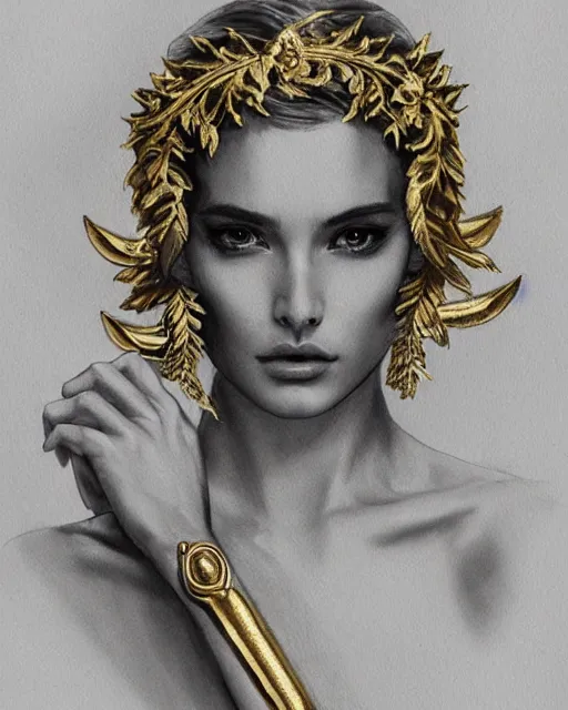 Image similar to tattoo sketch of beautiful super model aphrodite greek goddess wearing a gold laurel wreath and triangle earrings,, beautiful piercing gaze with sharp pupils, beautiful blonde hair, in the style of greg rutkowski, fantasy, amazing detail, epic, elegant, smooth, sharp focus, front view