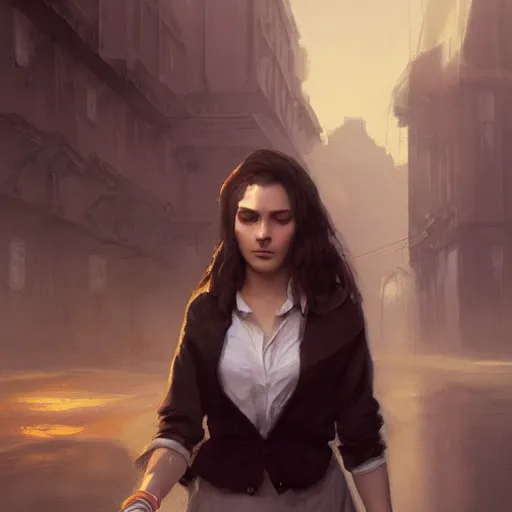 Image similar to a woman wearing a white blouse with short sleeves and hobo gloves, Matte painting , detailed painting, greg rutkowski