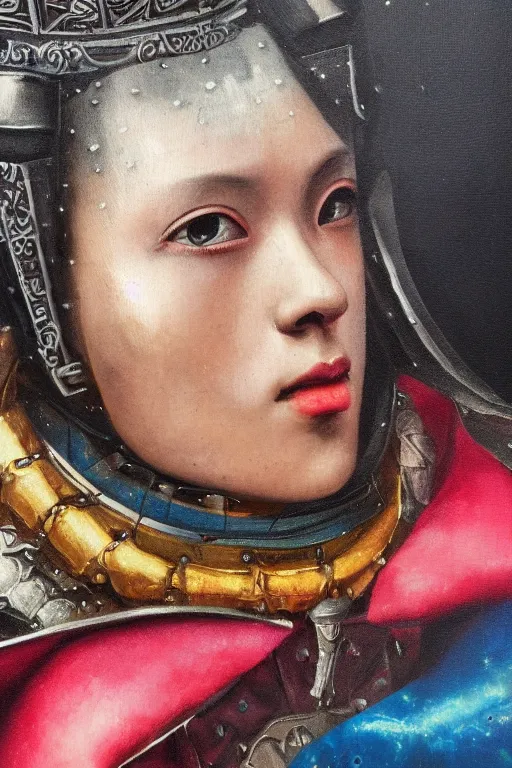 Image similar to hyperrealism oil painting, close-up portrait of medieval fashion model, knight, steel gradient mixed with nebula sky, in style of baroque mixed with 70s japan book art