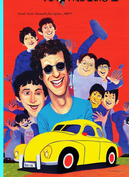 Prompt: Andy Samberg in Hot Rod (2007), children's book cover by Eric Carle, detailed