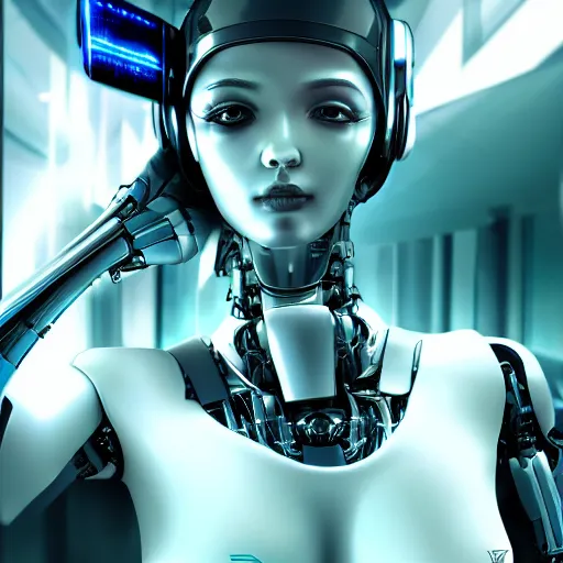 Prompt: cute robot girl with a sexy seductive beautiful face and robotic body. 4 k extreme detail award winning cyberpunk aesthetic.