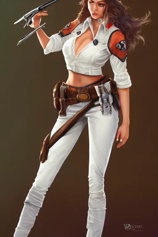 Image similar to full body, female cowgirl, perfect face, white blouse, long rifle, 8 k, magic the gathering, desert, d & d, artstation