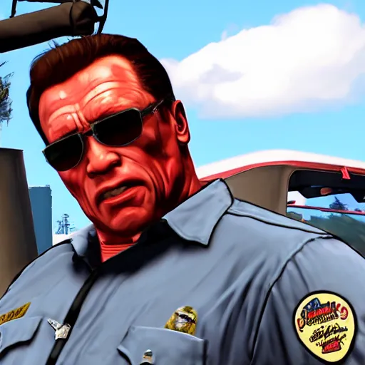 Image similar to GTA V arnold schwarzenegger screenshot stealing a cop car