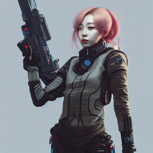 Image similar to portrait painting of cyberpunk chuu from loona as a happy mercenary, ultra realistic, concept art, intricate details, eerie, highly detailed, photorealistic, octane render, 8 k, unreal engine. art by artgerm and greg rutkowski and magali villeneuve and alphonse mucha