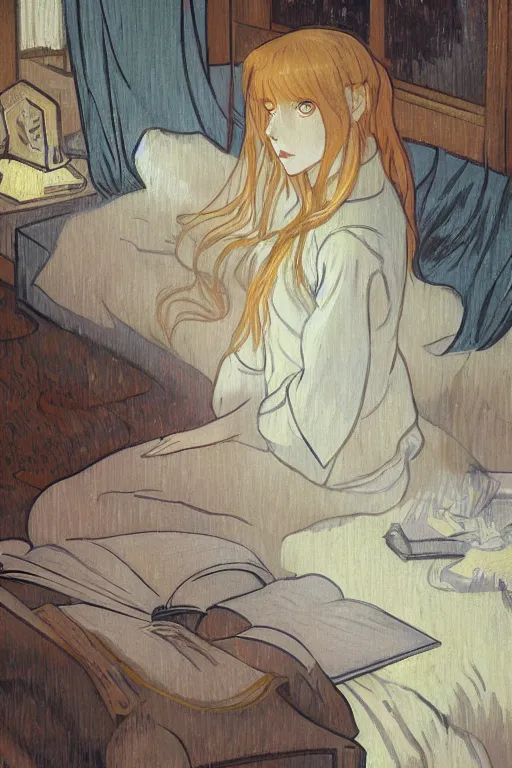 Image similar to a girl in a jk uniform outfit in the bedroom reading a book in a night, raining outside the window, grey and orange theme ， wavy white long hair, by krenz cushart and mucha and akihito yoshida and greg rutkowski and vincent van gogh and monet, detailed eyes, 4 k resolution