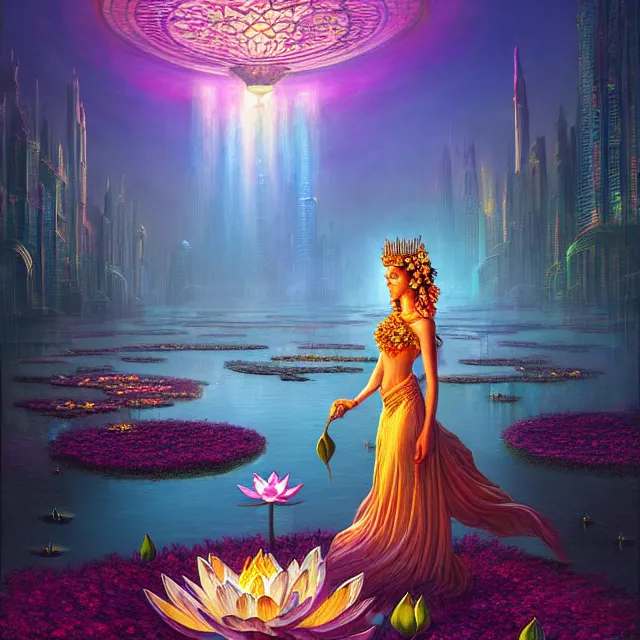 Image similar to Beautiful 3d render of the flower queen goddess near a pond full of lotus, atmospheric lighting, painted, intricate, volumetric lighting, beautiful, rich deep colours masterpiece, sharp focus, ultra detailed, in the art style of Dan Mumford and marc simonetti, with a clear crowded futuristic cyberpunk dubai city in the background, astrophotography