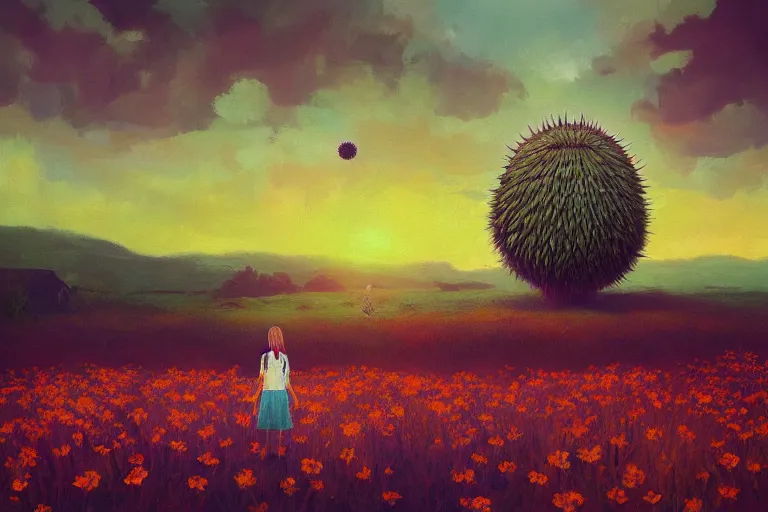 Prompt: giant thistle head, girl in suit in field of flowers, surreal photography, sunrise, blue sky, dramatic light, impressionist painting, digital painting, artstation, simon stalenhag