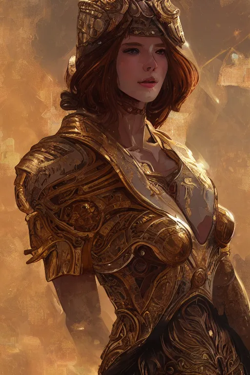 Image similar to portrait knights of Zodiac girl, golden and copper reflected armor, in ruined Agora of Athens, ssci-fi, fantasy, intricate, very very beautiful, elegant, highly detailed, digital painting, artstation, concept art, smooth, sharp focus, illustration, art by WLOP and tian zi and alphonse mucha