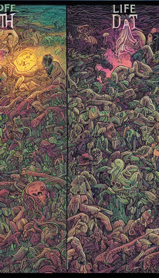 Image similar to life and death mixing together, by dan mumford