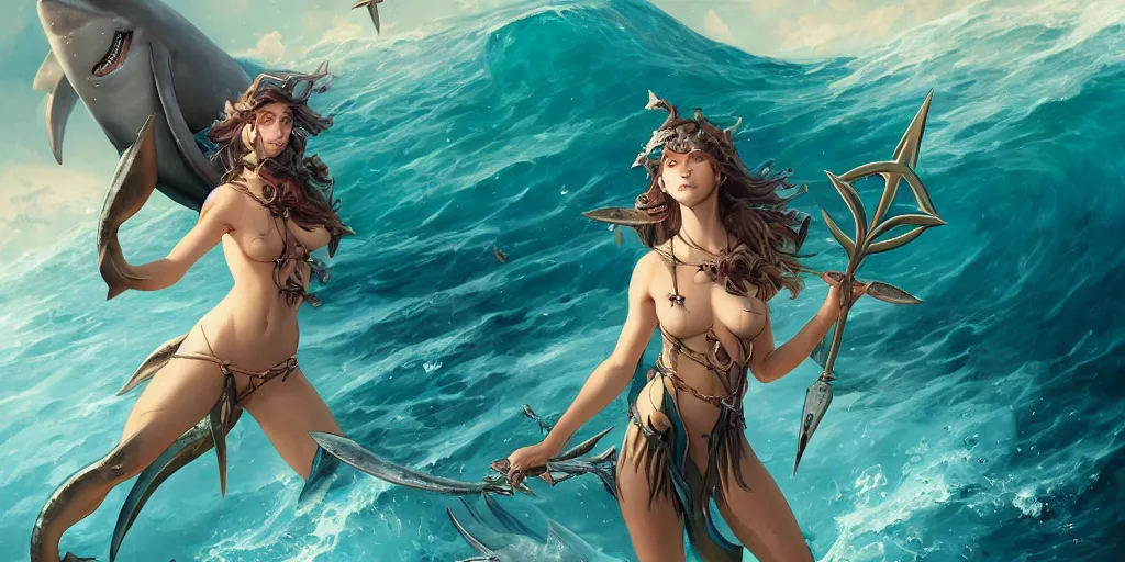 Image similar to close up of a extremely beautiful and aesthetic shark tooth girl holding a symmetrical trident on the horizon, model pose, slightly smiling, big wave, big blade whale fighting against thorn sharks flying on the background, epic scene, fantasy illustrations, by peter mohrbacher and makoto shinkai and ferdinand knab