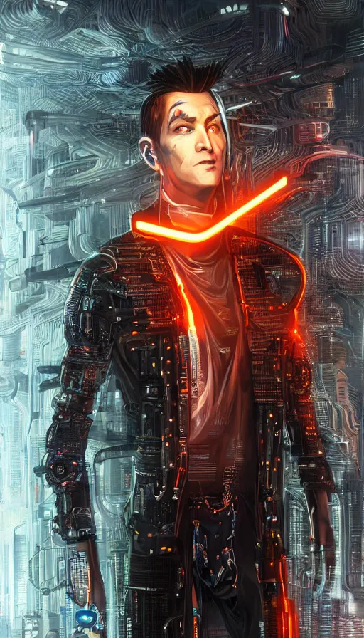 Image similar to full body head to toe portrait of a cyberpunk sci-fi cyborg netrunner bionic man, third person, D&D, sci-fi fantasy, matrix , intricate, black with shiny silver and orange fringe highlights, highly detailed, art by Range Murata, highly detailed, 3d, octane render, bright colors, digital painting, trending on artstation, sharp focus, illustration style of Stanley Artgerm, dramatic background