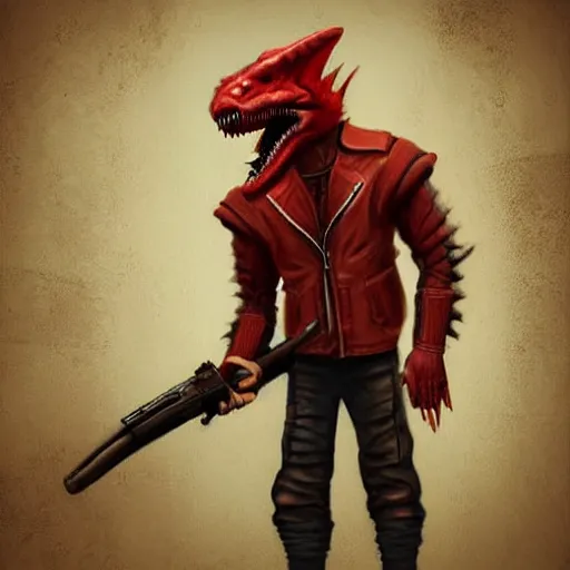 Image similar to Hyper realistic. Red dragonborn in a leather jacket holding an old gun