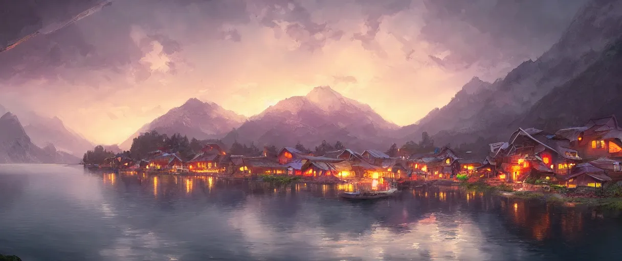 Image similar to fishing village crowded with houses around a lake, mountains in background, concept art, digital painting, style of jordan grimmer, warm lighting, futuristic, volumetric lighting, view from below, vivid colours, bright, daytime, godrays, high detail