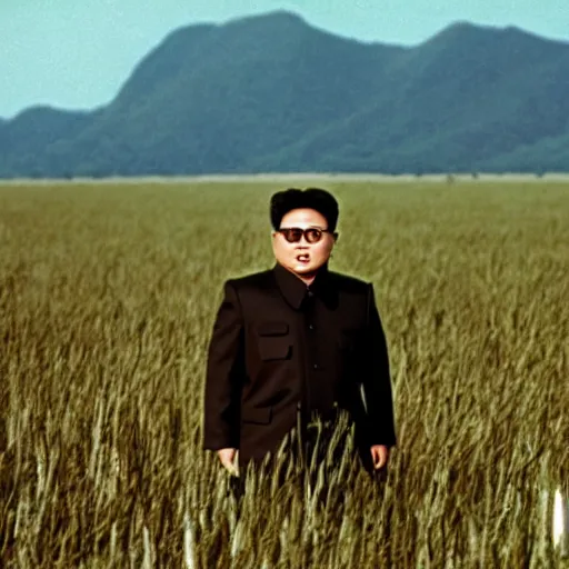 Image similar to Kim Jong-il in a vast field, monster movie filmstill, underexposed cinemascope