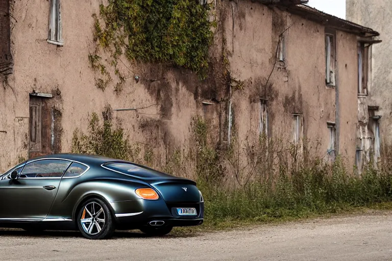 Image similar to modern rusty matte tired Bentley Continental GT without gloss no reflections drives along the road of an old Russian village with houses at the edges