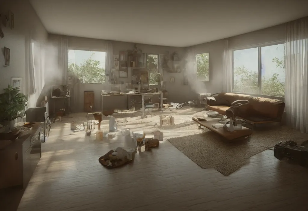 Prompt: kodak portra 4 0 0 photographic and realistic, section of a 7 0 s house, octane render, unreal engine, 4 k, artstation, hyper realistic, wide angle, 3 5 mm, sharp focus, soft light, volumetric light fog, in the style of gregory crewdson