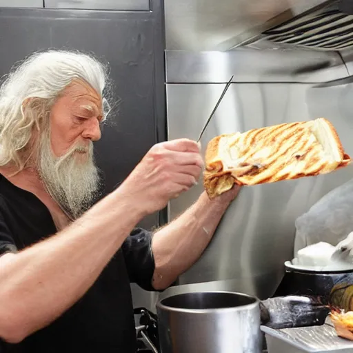 Image similar to gandalf making himself a panini