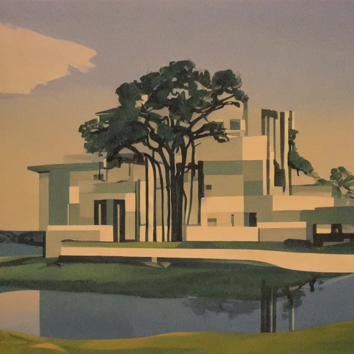 Image similar to a building in a serene landscape, art deco