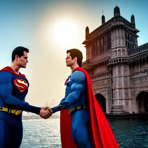 Prompt: establishing, wide angle shot of batman and superman shaking hands in front of the gateway of india, low angle, morning light